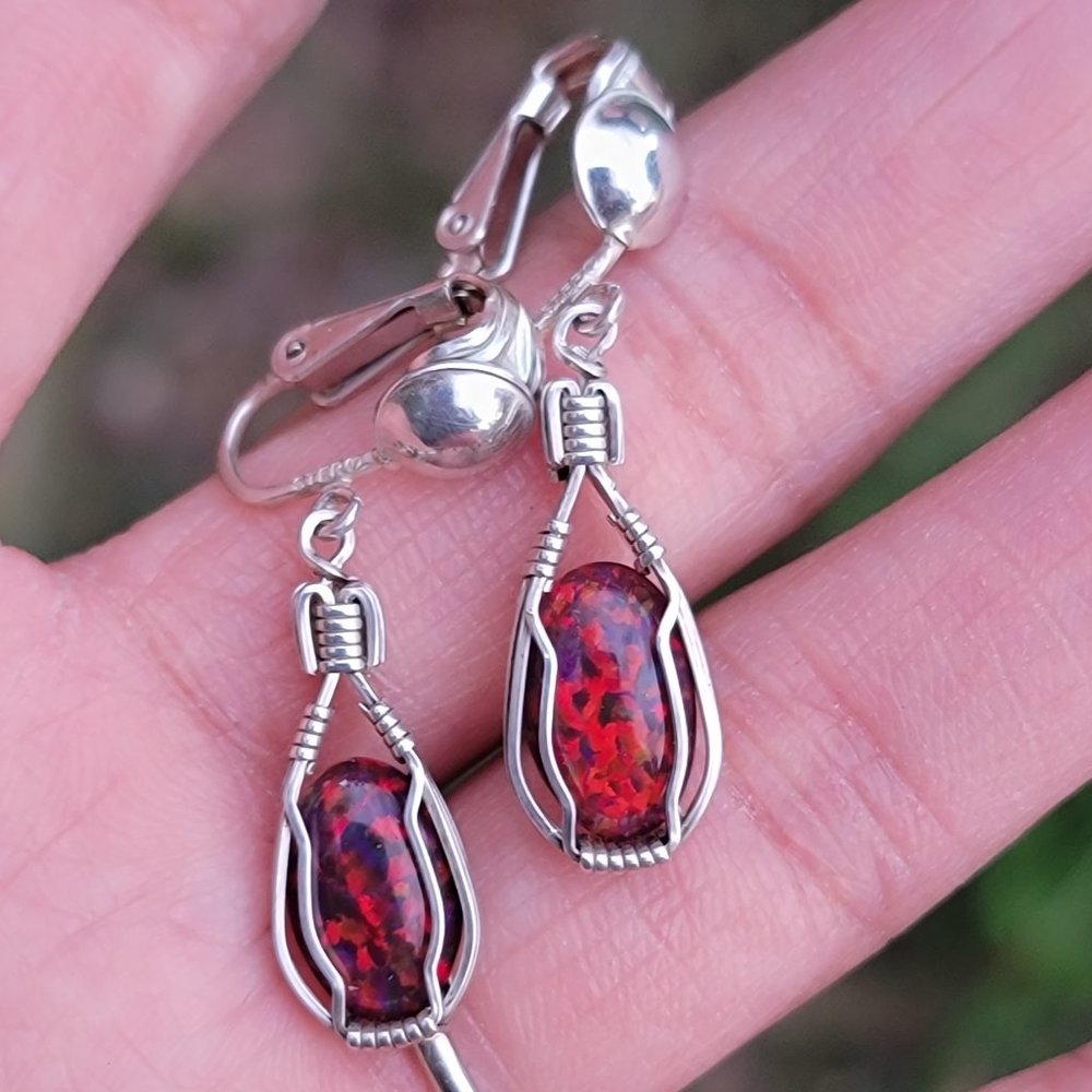 Sterling silver 925 handmade wire wrapped flashy red opal earrings